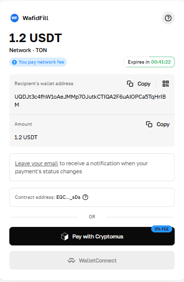 Copy TON network address and send payment